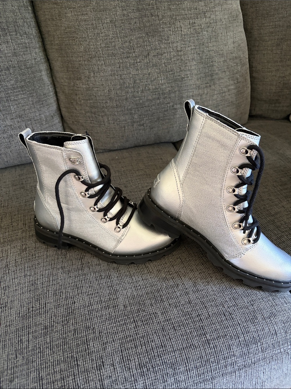 Sorel Metallic Silver Lace-Up Combat Boots with Black Laces